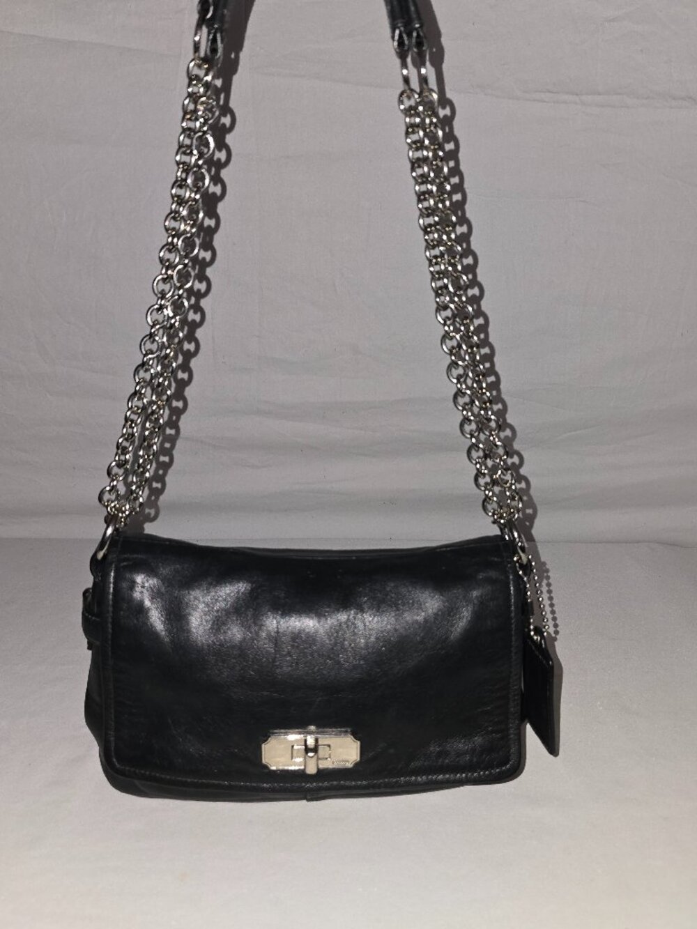 COACH 17825 Chelsea Soft Black Leather Turnlock Flap Closure With Chain Strap